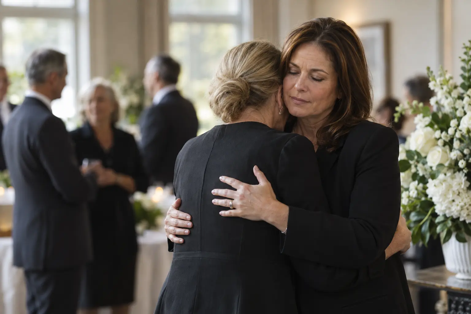 Two family members sharing a supportive embrace during a memorial gathering