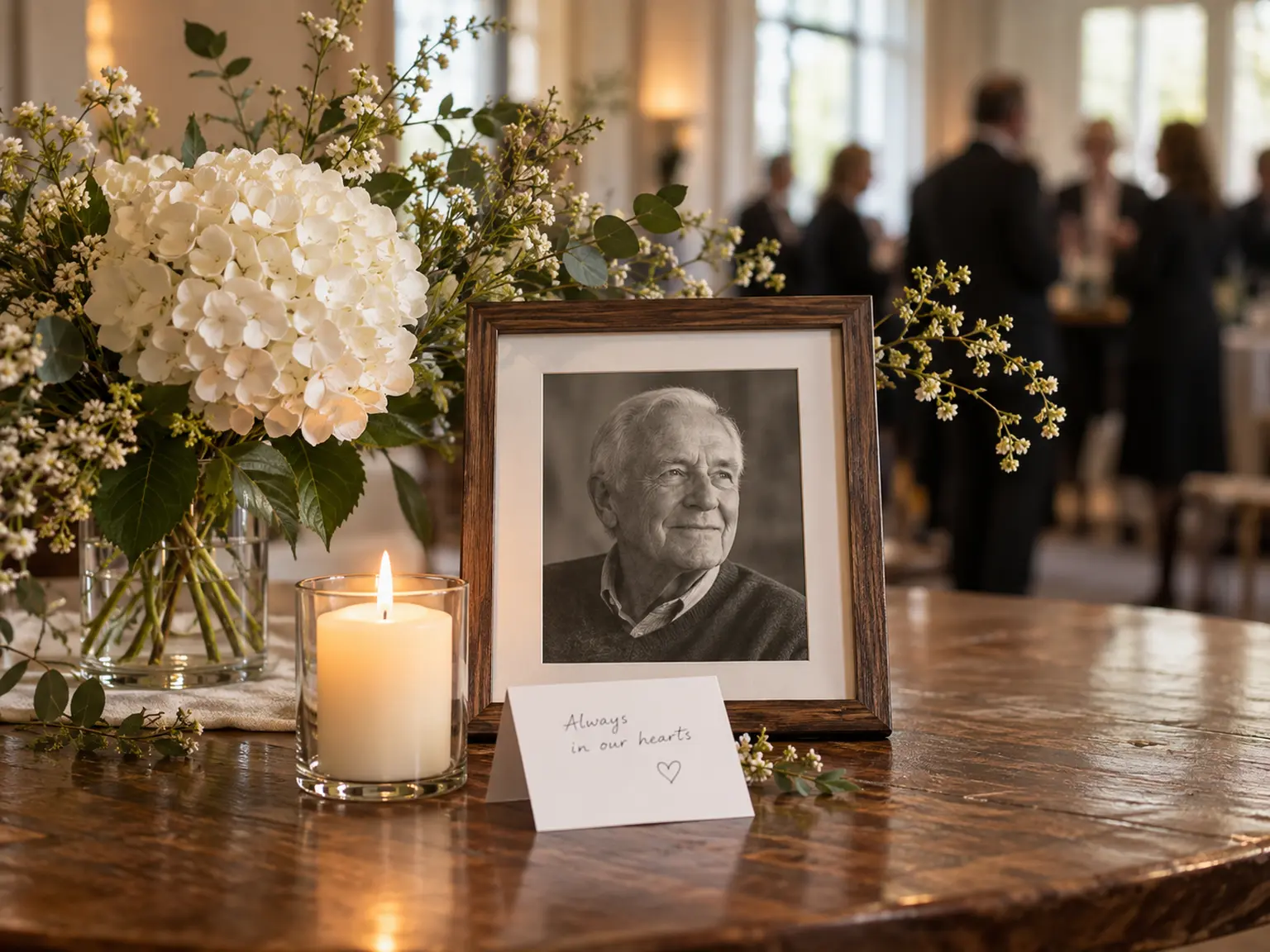 Framed family portrait, white remembrance flowers, and candle at a memorial gathering
