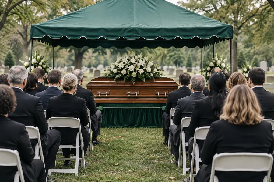Illustrative graveside service with seated mourners, a closed casket and white floral tributes