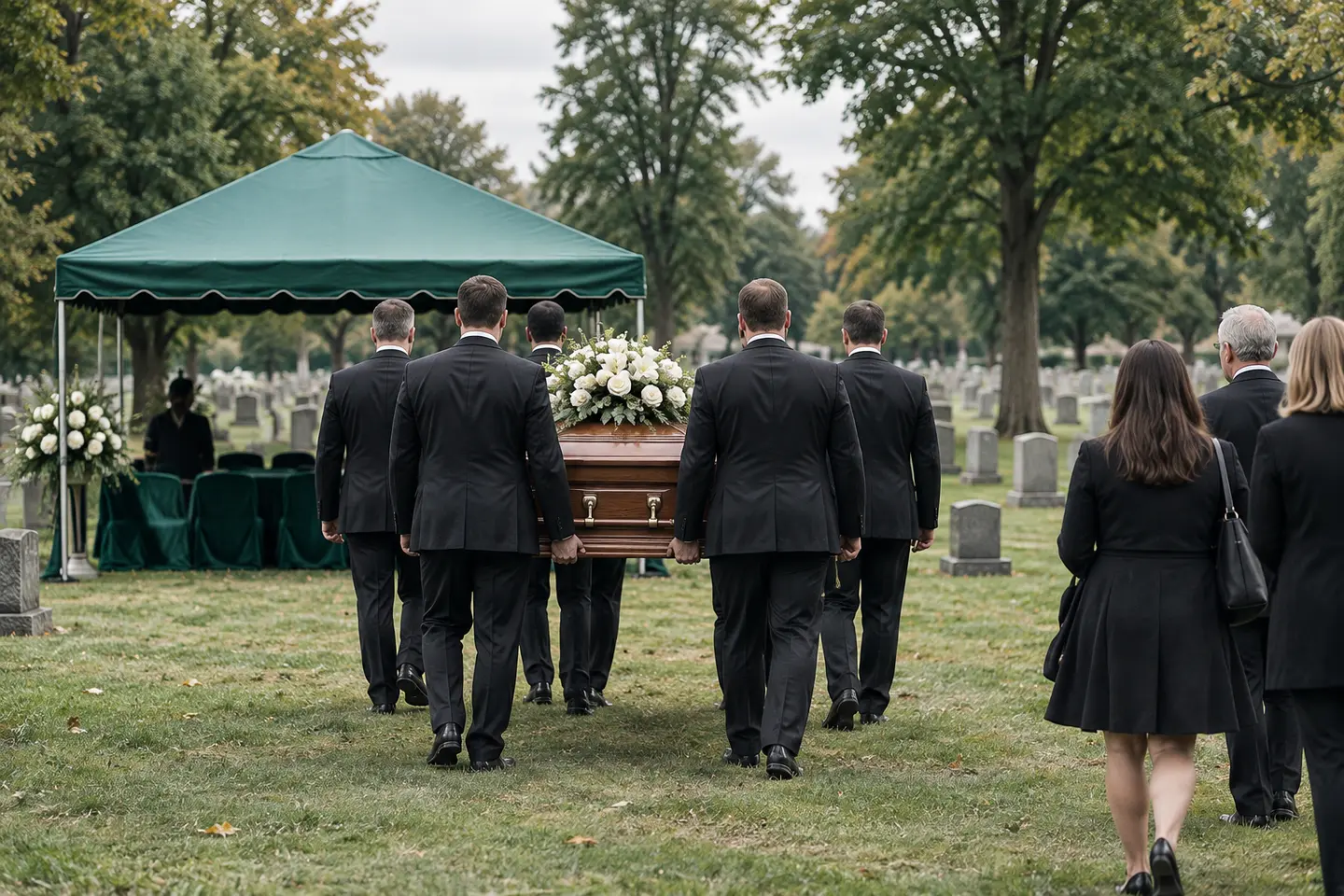 Illustrative funeral procession: pallbearers carry a closed wooden casket with white flowers toward an evergreen canopy