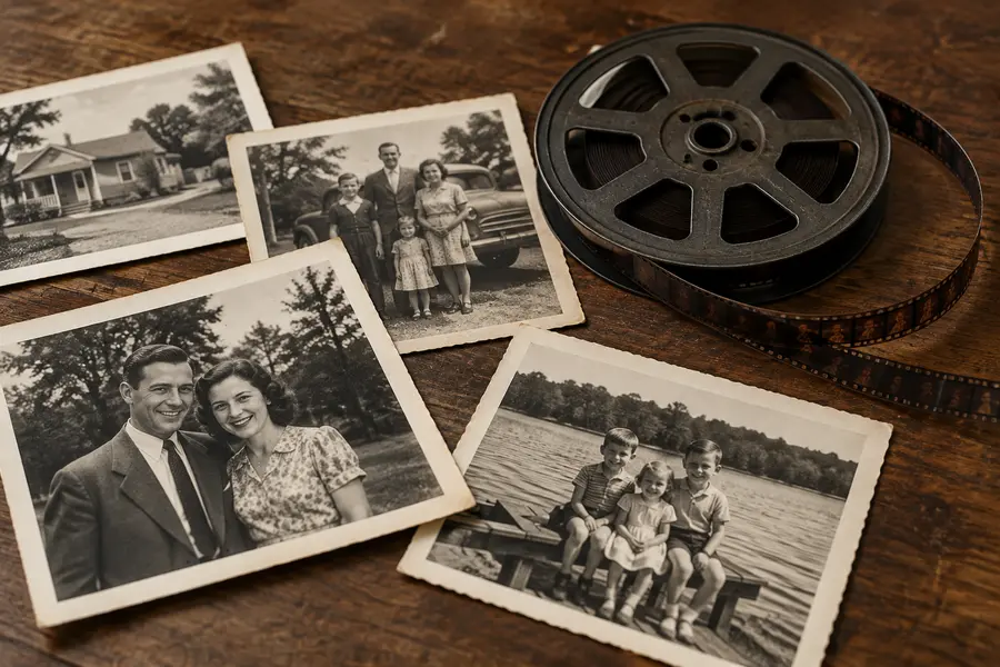Illustrative family photographs and a vintage film reel on a wooden table