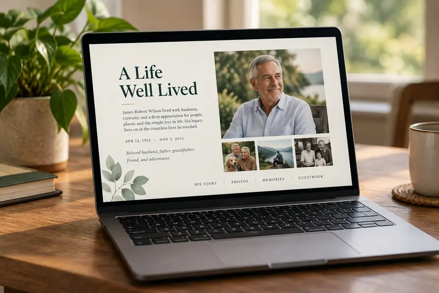 Illustrative custom memorial website displayed on a laptop