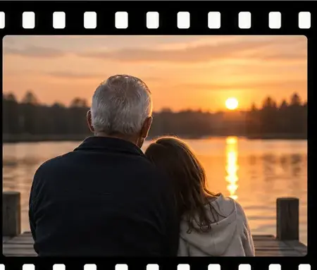 Illustrative older adult and younger family member beside a lake at sunset