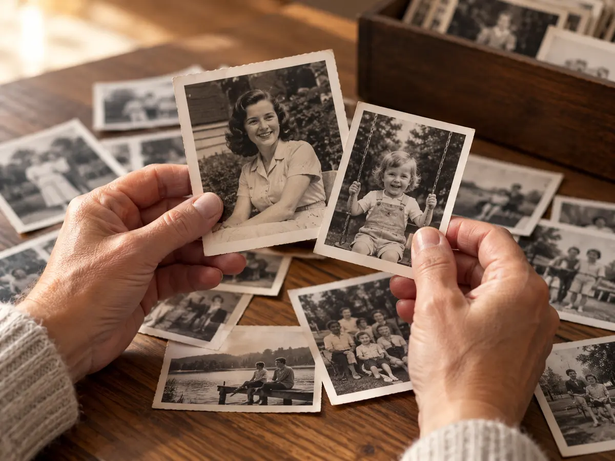 Illustrative hands sorting vintage family photographs