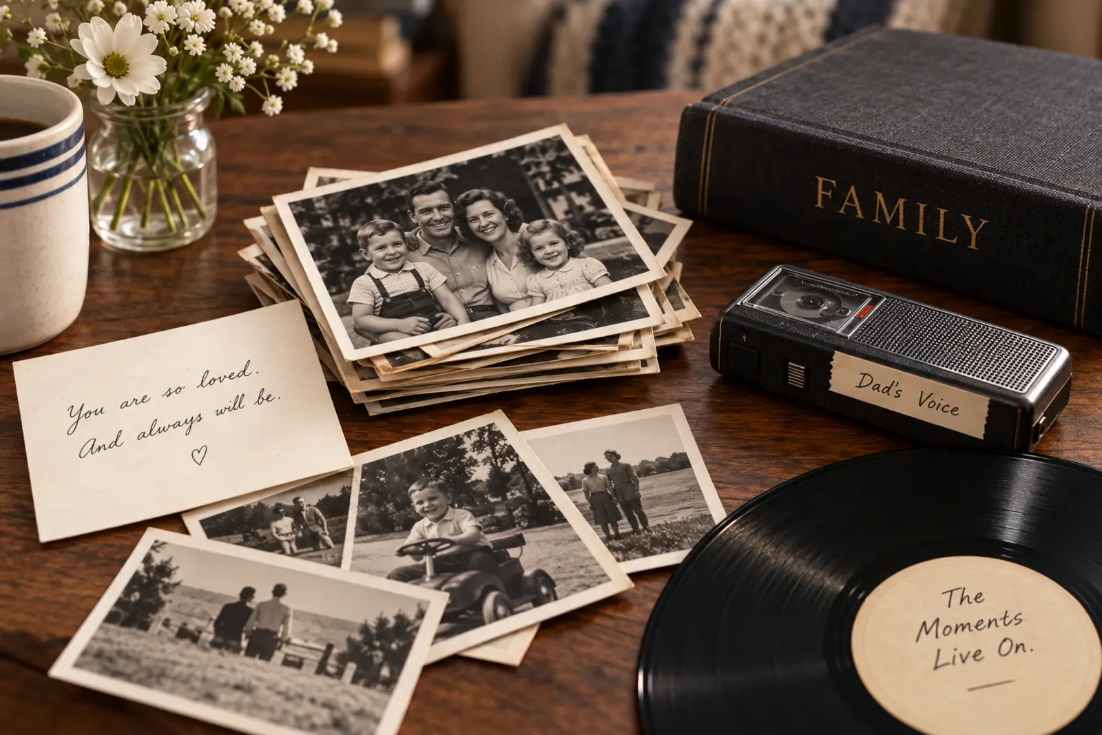 Illustrative family photographs, album, voice recorder, remembrance note, and record arranged on a table