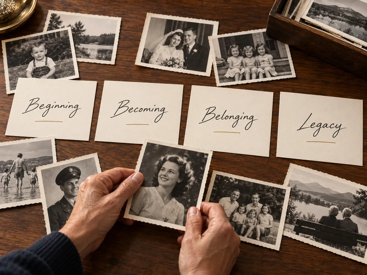 Illustrative photographs organized beside Beginning, Becoming, Belonging, and Legacy chapter cards
