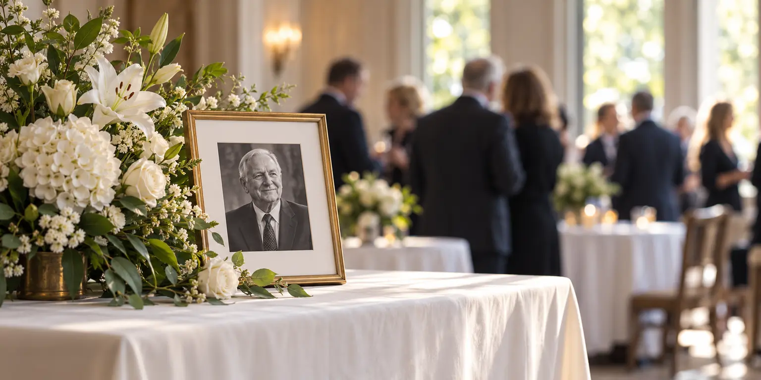 Framed family portrait beside white memorial flowers as guests gather in the background