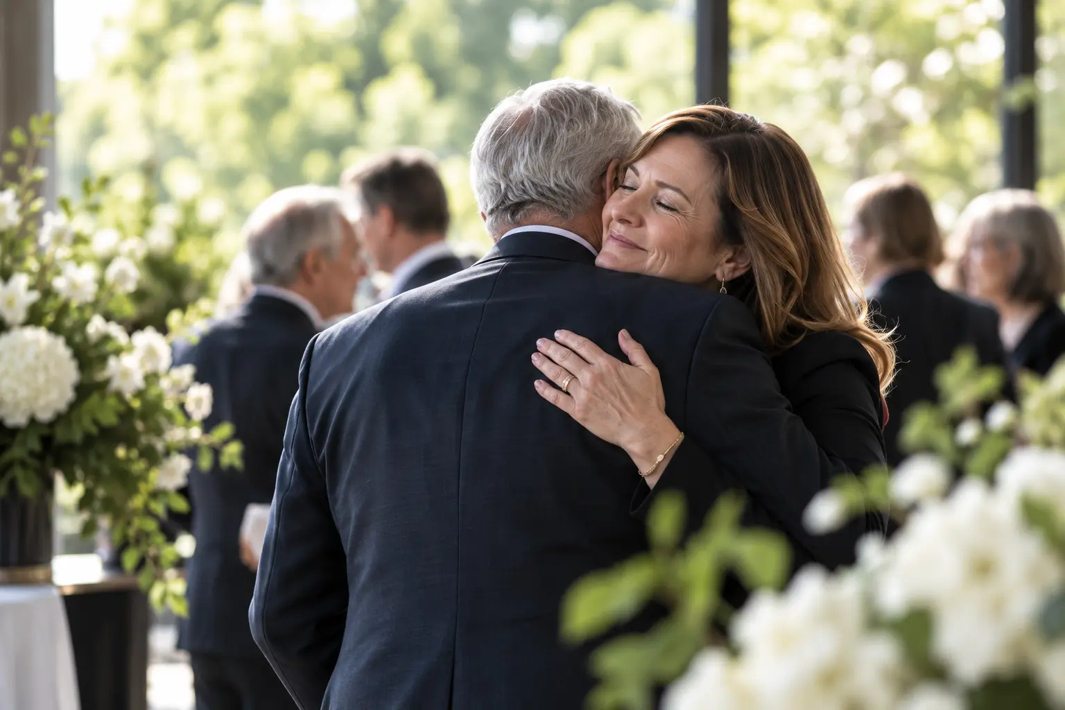 Woman embracing an older family member during a bright memorial gathering