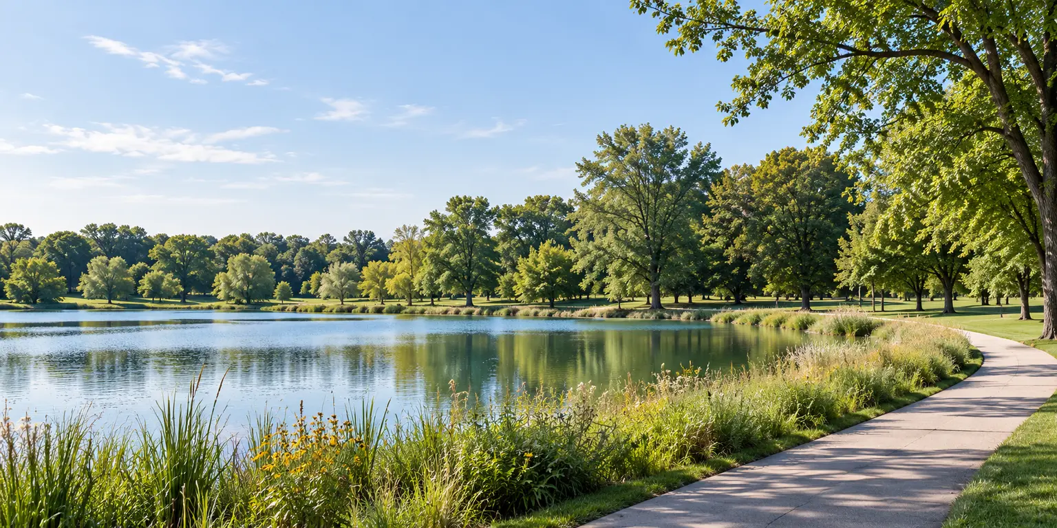 Peaceful tree-lined lakeside path illustrating the Vernon Hills community setting