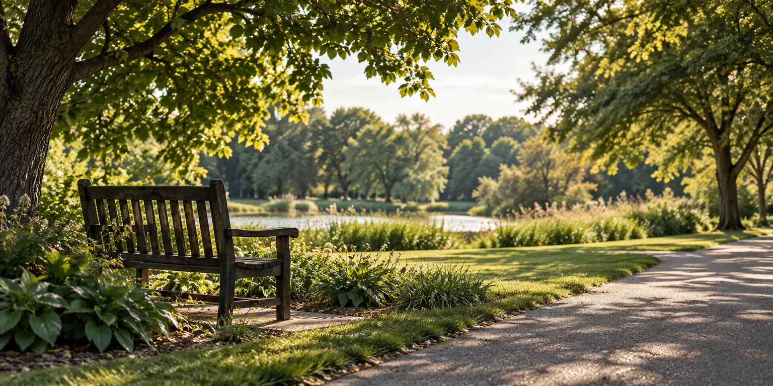 Quiet wooden bench beside a tree-lined lakeside path