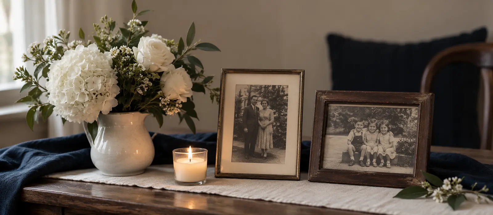 Flowers and family photographs arranged in remembrance