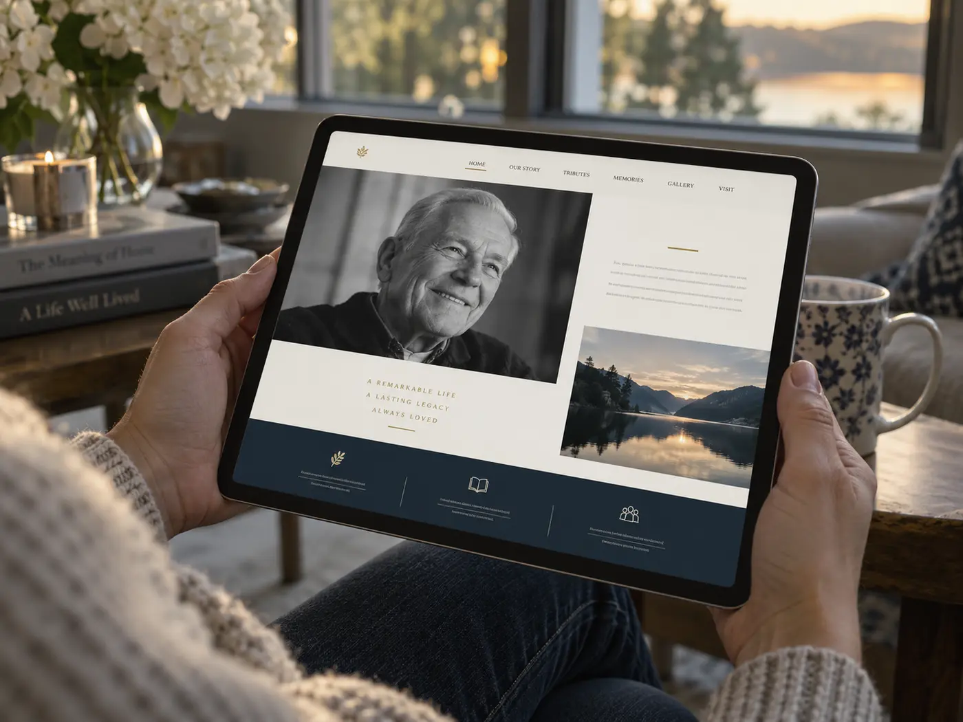 A memorial website displayed on a tablet beside family photographs