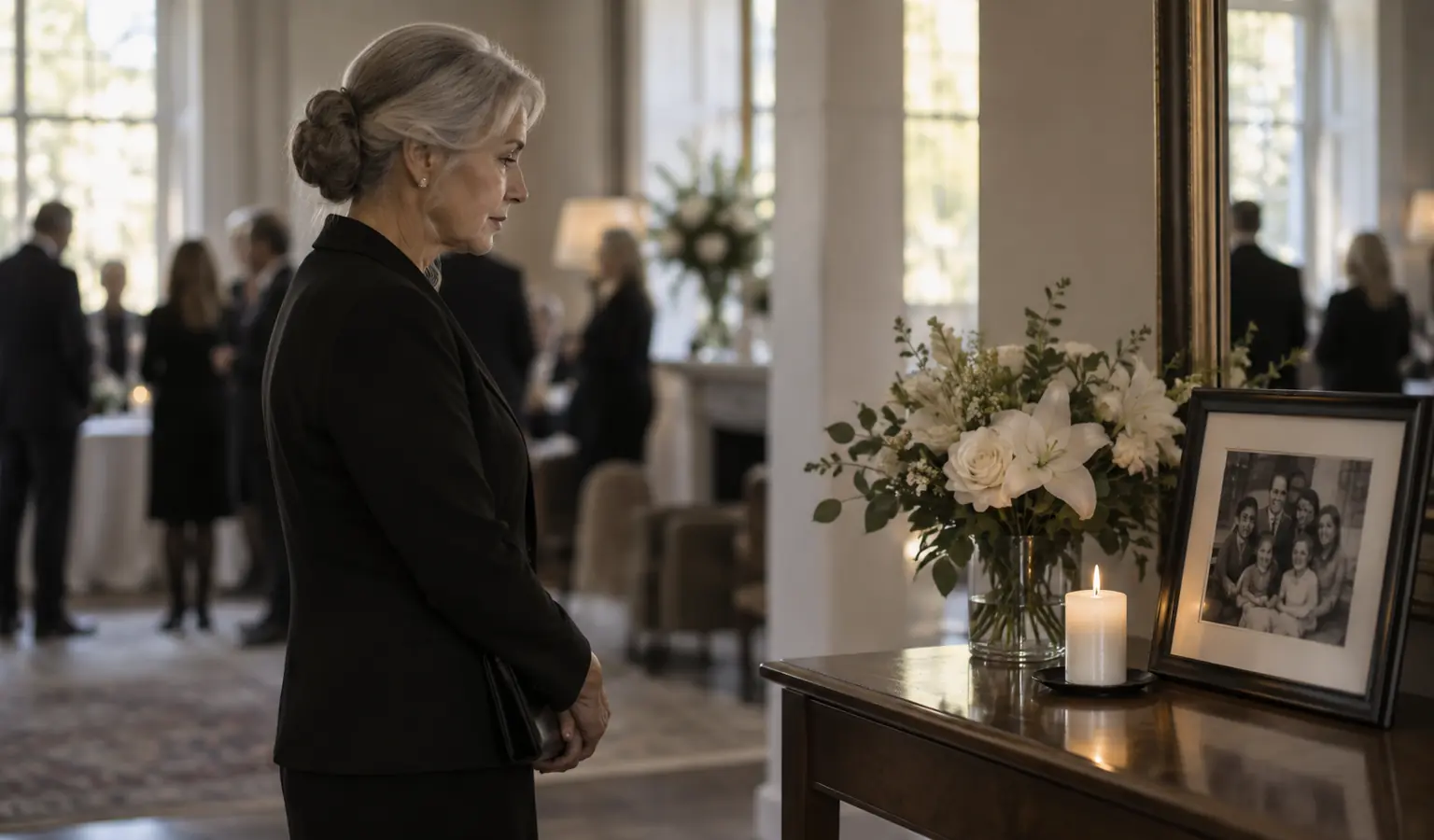 A family member reflecting beside flowers and a framed photograph