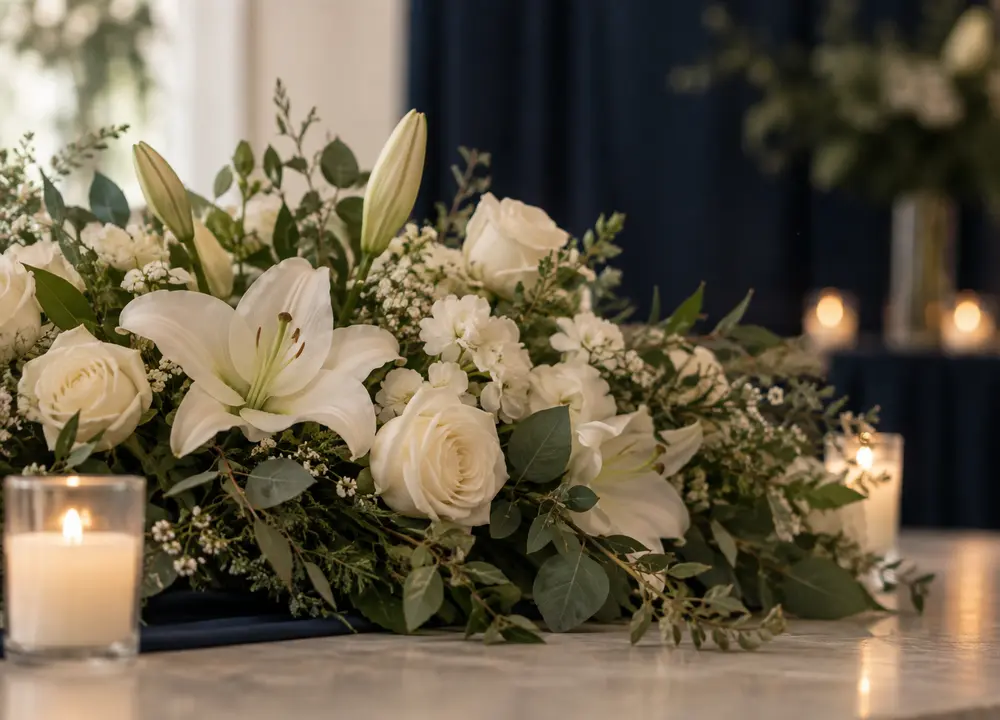 White remembrance flowers in soft natural light