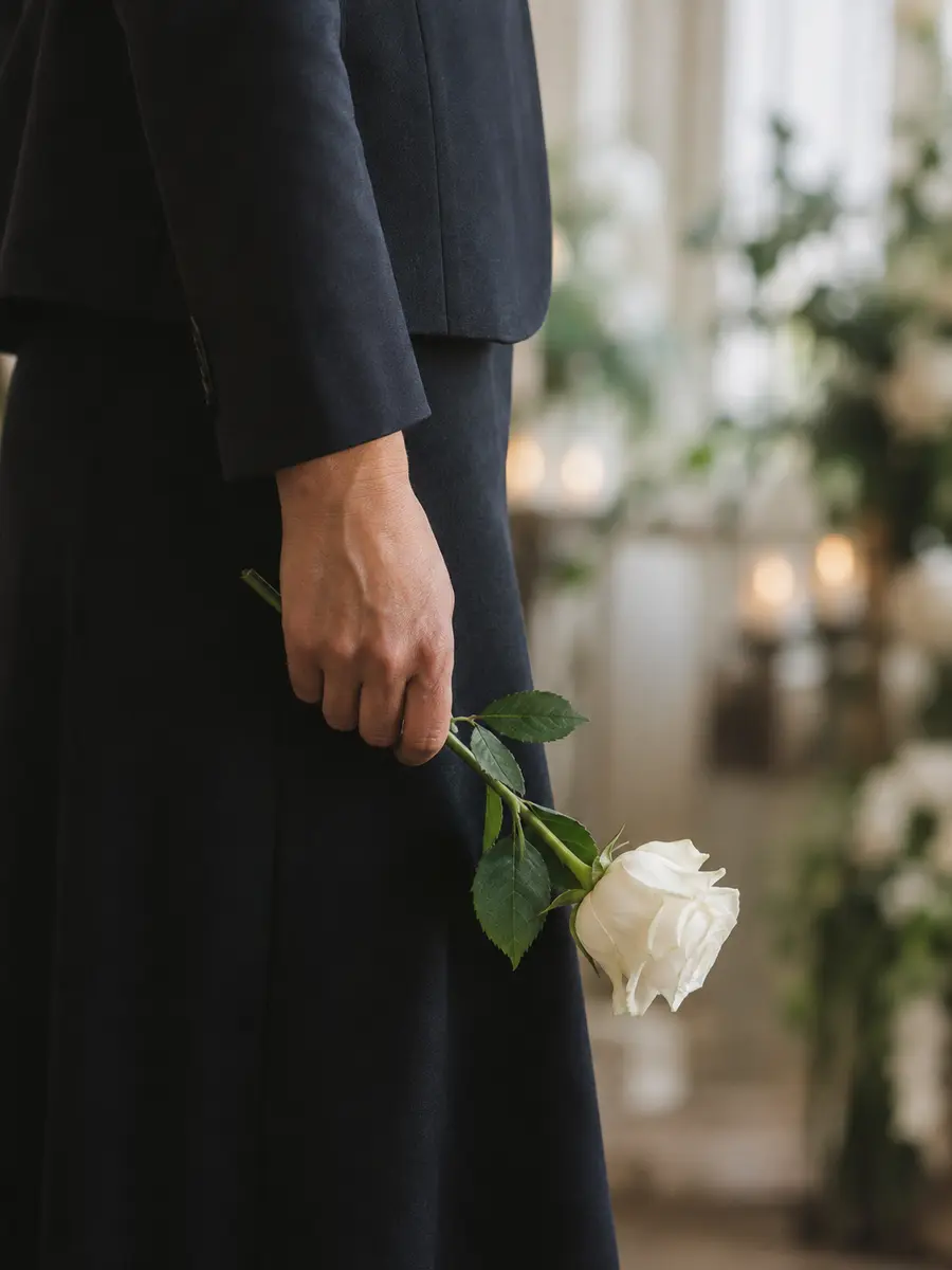 A family member holding a white rose at a remembrance gathering