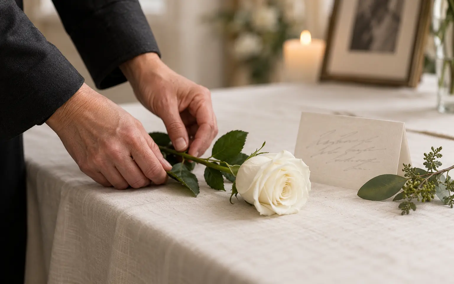 A white rose placed beside remembrance details