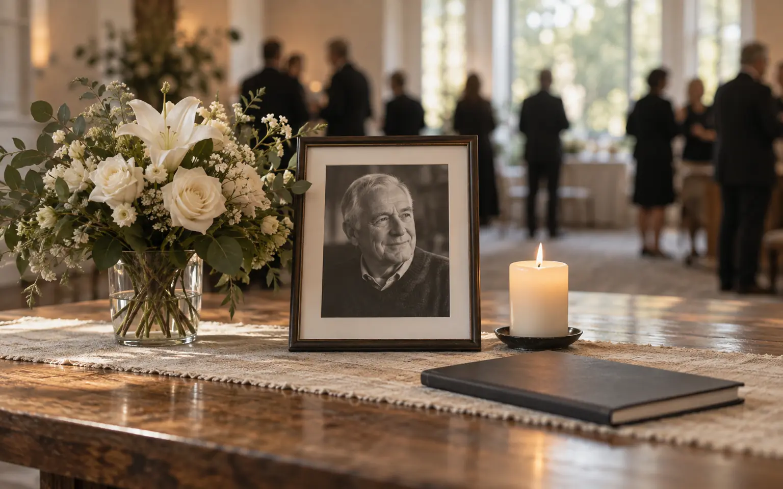 Framed family photograph, flowers, candle, and guest book arranged for a memorial
